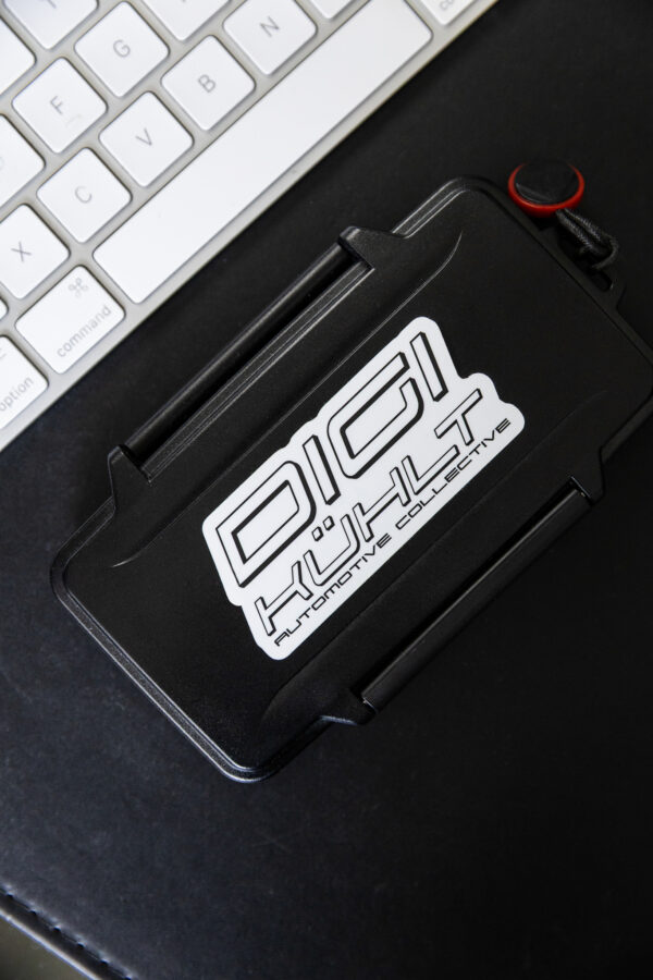 version 1 dk logo white sticker with black letters on small case